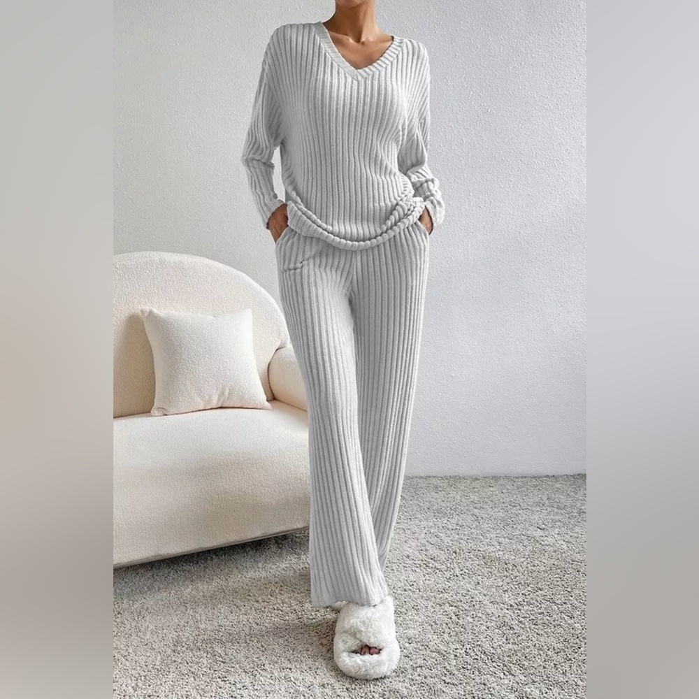 Women Long Sleeve Ribbed Knit V Neck Lounge Set By Lovesoft - Large